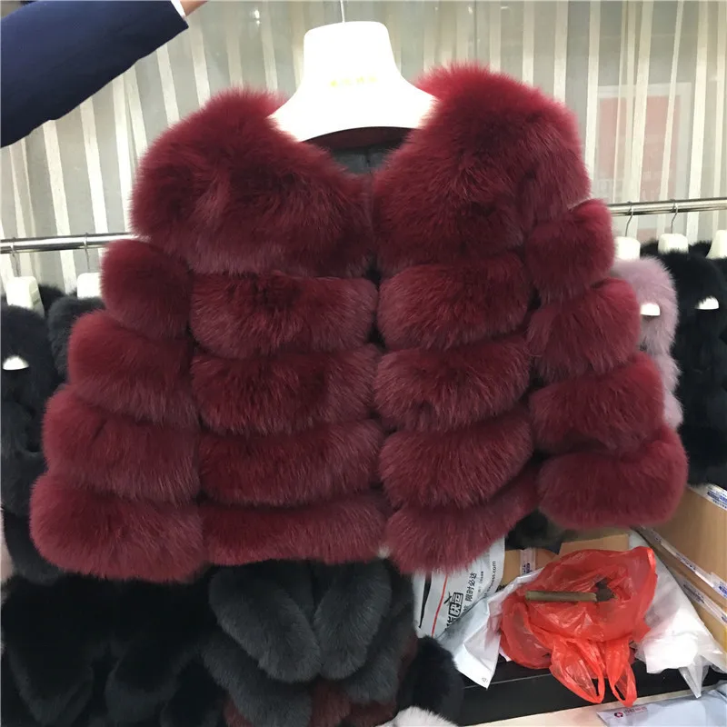Wine Red Зимняя новая шуба из натурального Лисьего меха для женщин, Полный Пелт, натуральный Лисий мех, куртка 50 см, длинная толстая теплая шуба, роскошная верхняя одежда - Цвет: Wine Red