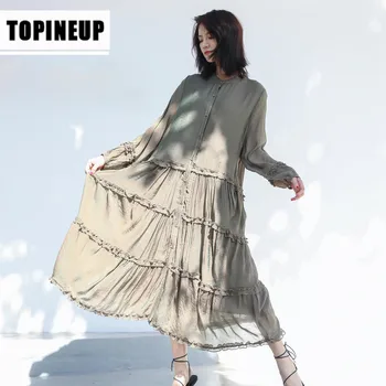 

Women All-Matching Loose Long Sleeve Crew neck Lace design thin pleats plus size dress