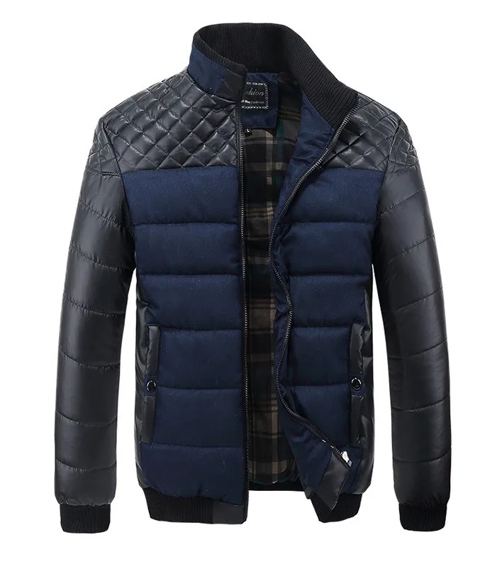 SGYR22 blue Men Fashion PU Cotton Patchwork Outerwear Business Jackets New Men Warm Outerwear 4XL winter spring Men's thick Jackets - Color: SGYR22 blue
