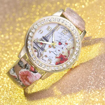 

2020 Women's Flower Quartz Belt Watch Casual Diamond Minimalist Wristwatch Gift Tower Pattern Leather Clock Relogio Feminino