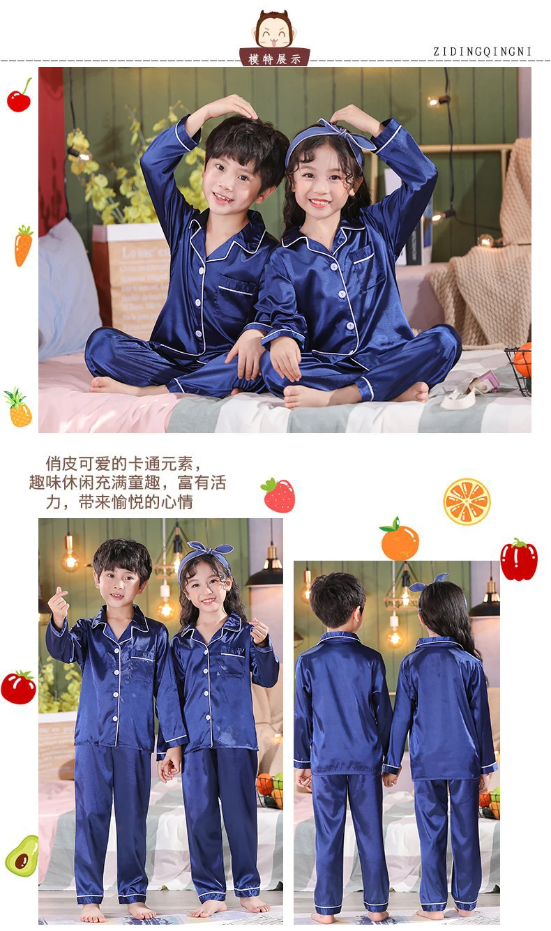 New Button-Down Spring Autumn Children Satin Pajamas Sets Kids Girls Solid Silk Long Sleeve 2 Pieces Tops+Pants Sleepwear Pyjama