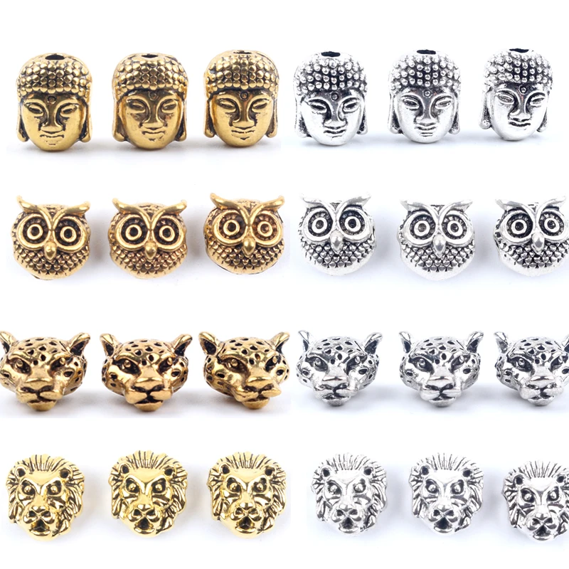 

10pcs Antique Owl Lion Buddha Leopard Head Spacer Beads Charm DIY Bracelets Necklace Beads for Jewelry Making Accessories