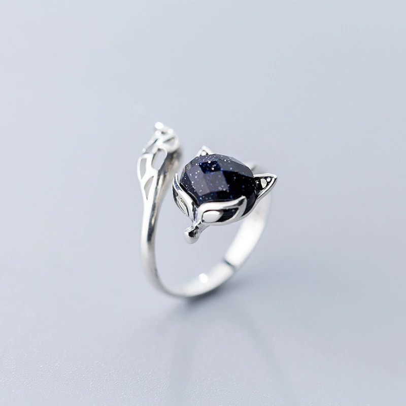 black Настоящее 925 пробы, серебряное кольцо с камнем, лисой, животным, для модных женщин, хорошее ювелирное изделие, милые, аксессуары, подарок - Цвет основного камня: black