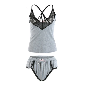 

Vicabo Women Pijamas Sets 2020 Gray 2 Pcs Set Sexy Outfits Sleep Tops and Shorts Nightwear Lace Patchwork Women Sleeping Clothes