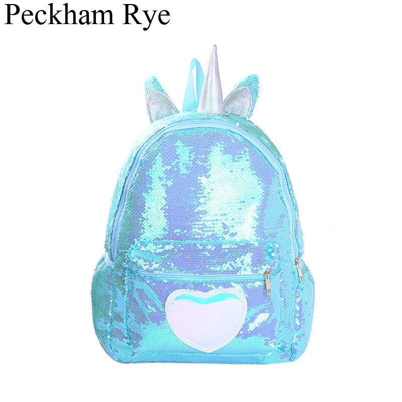 

Girl Sequin Unicorn Backpack Children Large Zipper Unicorn Schoolbag Teenager Hologram Heart Love Backpack for School Travel Bag