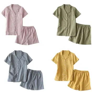 

Womens Summer 2 Piece Pajamas Set Short Sleeve Lapel Collar T-Shirt Tops Shorts Simple Plain Solid Color Loose Sleepwear
