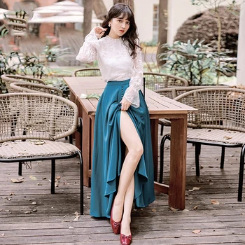 

Women 2 Piece Set Suit Skirt and Top Set 2020 Vintage Full Sleeve White Lace Shirt O-Neck Blouse + Blue Silk Skirt Women Dress