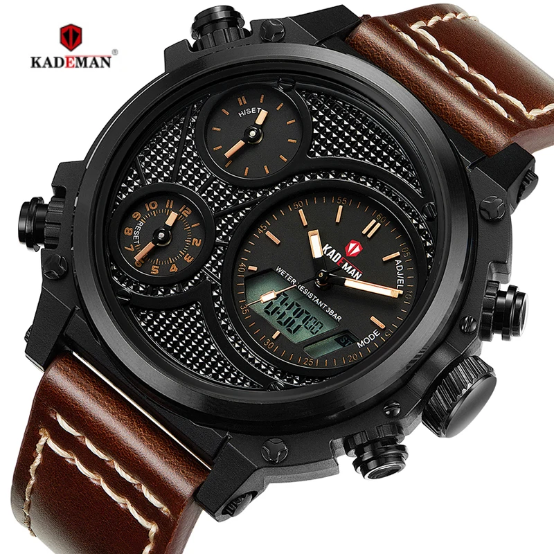 

KADEMAN Top Brand Men Watch Sports Quartz Watches LED Digital Display Waterproof Military Leather Wristwatches Relogio Masculino