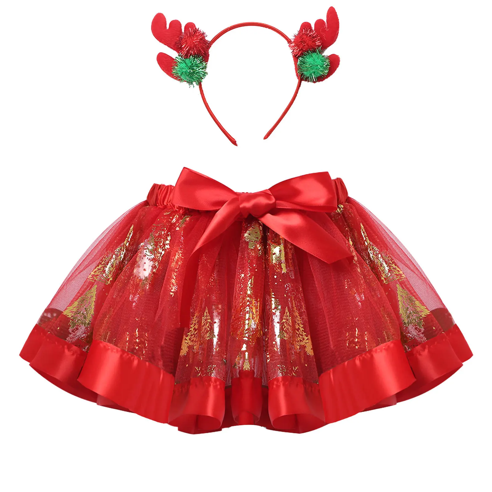 Perversión expedido Acompañar Falda para niñas, traje de Navidad con costuras, vestido de baile con  estampado, tutú de malla con cornamentas, conjunto de pompón _ - AliExpress  Mobile