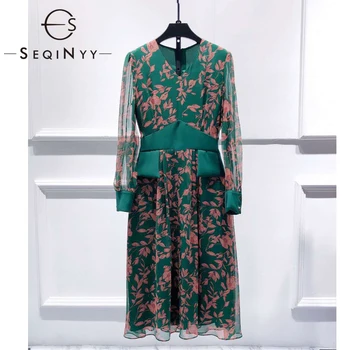 

SEQINYY Chiffon Dress 2020 Summer Spring New Fashion Design Women Elegant Long Sleeve Pink Leaf Flowers Print Knee Dress