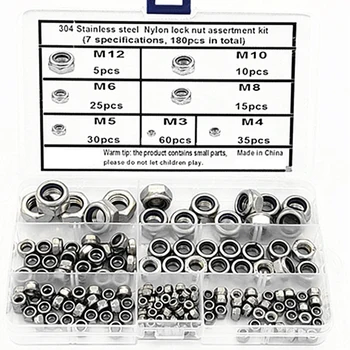 

180Pcs M3 M4 M5 M6 M5 M8 M10 M12 304 Stainless Steel Nylon Self-Locking Hex Nuts Locknut Slip Lock Nut