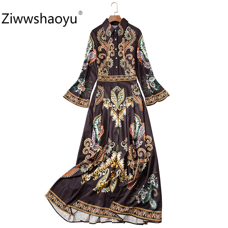 

Ziwwshaoyu Vintage Totem Print Black Maxi Dress Women's Elegant Flare Sleeve Designer Autumn Winter Long Sleeve Long Dresses