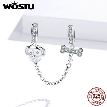 

WOSTU Real 925 Sterling Silver Doggy & Bones Safety Chain Silicone Beads Fit Original Bracelet Zircon Charms DIY Jewelry FIC1434