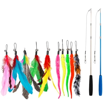 

New Feather Teaser Cat Toy, 2Pcs Retractable Cat Wand Toys And 10Pcs Replacement Teaser With Bell Refills, Interactive Catcher T