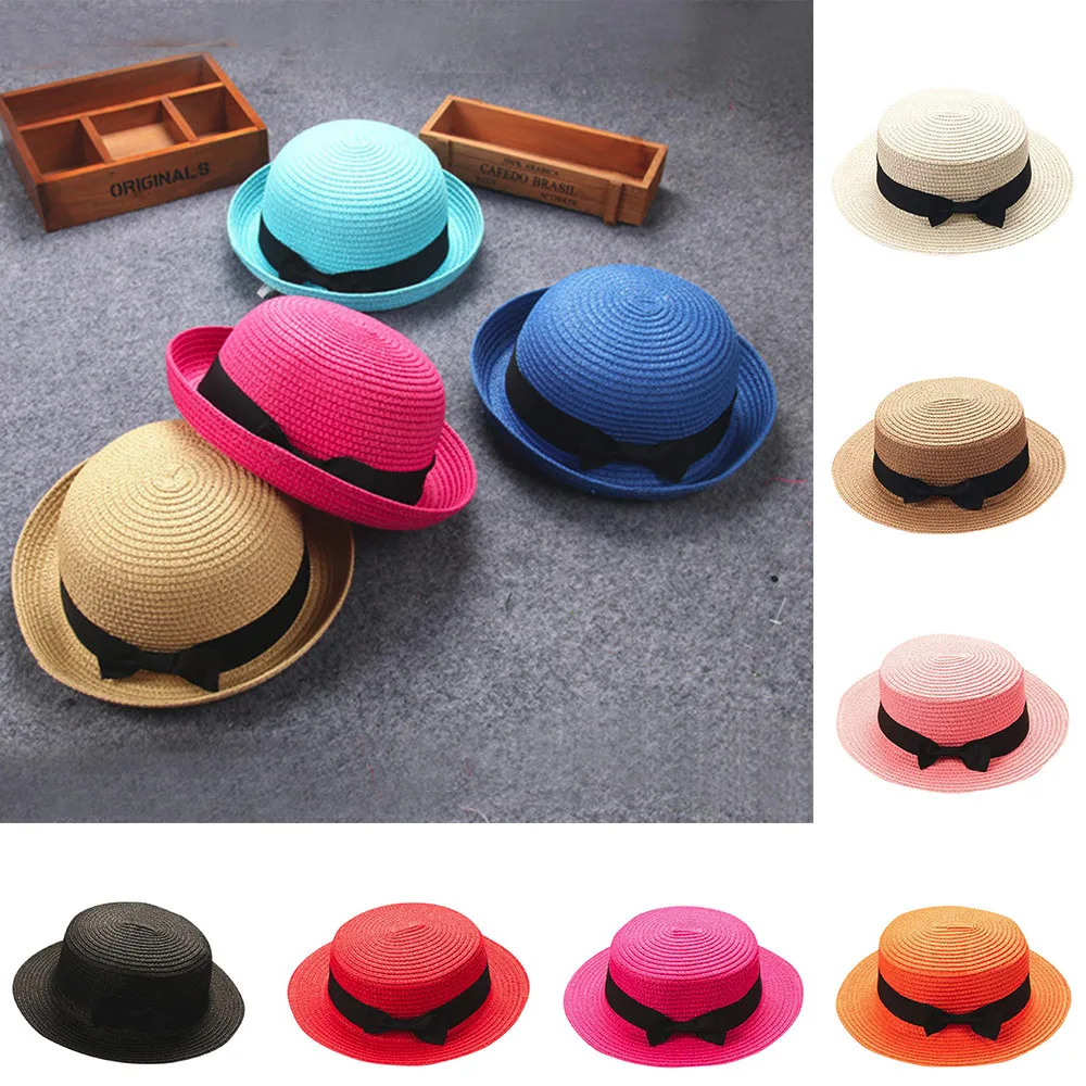 

Bowknot Children Breathable Hat Straw Hat Kids Hat Boy Girls Cap Weaving Cap Unisex Straw Cylinder Bowler Hat #T1P