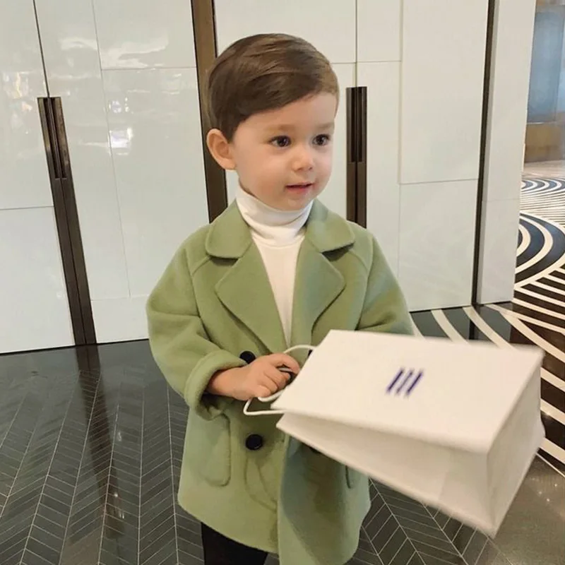 Kids Boys Girls Woolen Jacket Long Double Breasted Warm Child Toddler Lapel  Tweed Coat Spring Autumn Winter Baby Outwear Clothes