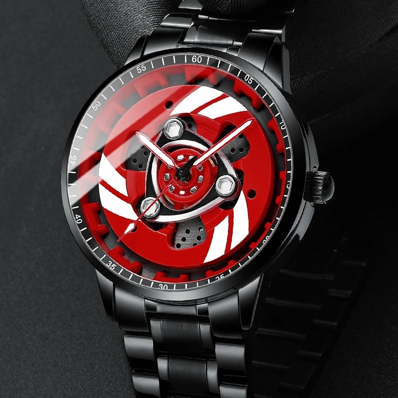 

Relogio Masculino Creative Design Mens Watches Sport Car Wheel Watch Rim Hub 3D Hollow Dial Custom Luminous Quartz Watch Men