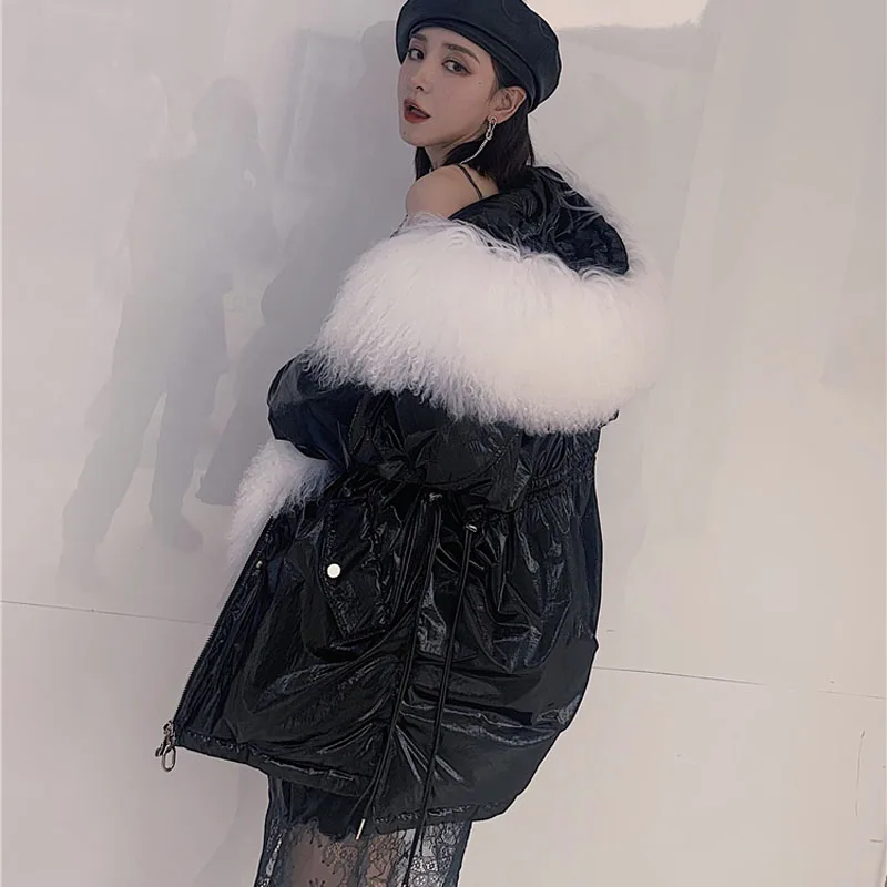 Manteau femme hiver пуховик женский с капюшоном с натуральным настоящим овечьим мехом воротник размера плюс пальто шапка Толстая теплая парка натуральный мех