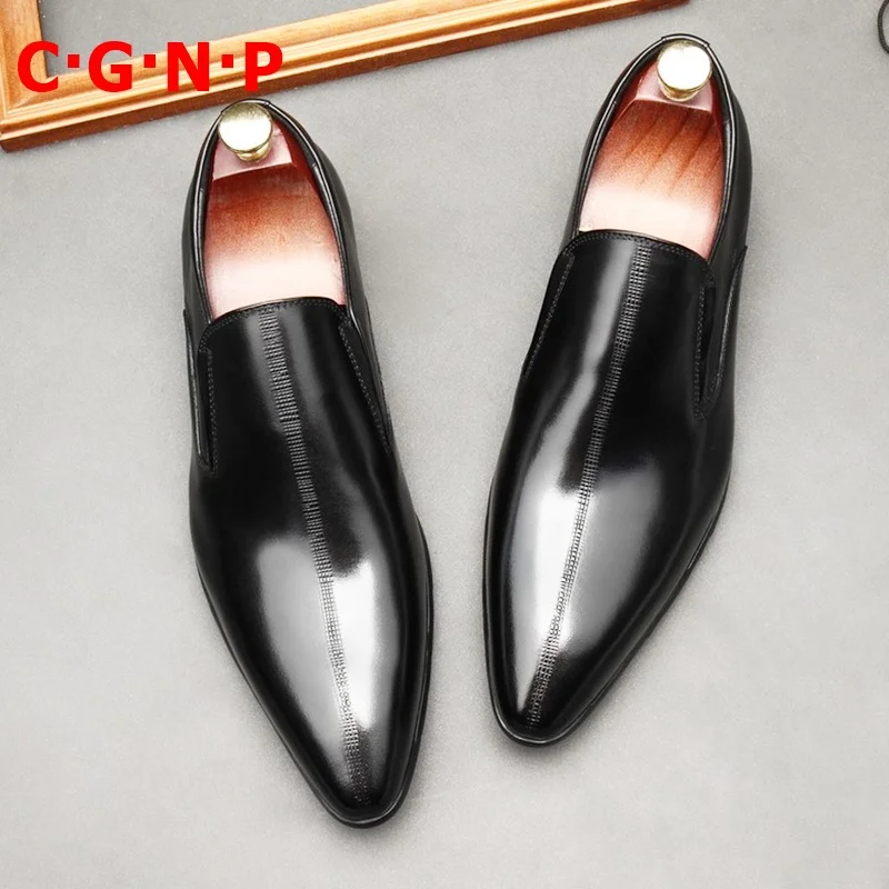 

CÂ·GÂ·NÂ·P Luxury Fashion Genuine Leather Pointed Toe Loafers Handmade Slip On Men Dress Shoes Formal Party Wedding Shoes