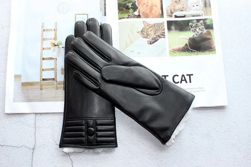 Winter Thickened Warmth Touch Screen Sheepskin Gloves Female Leather White Rabbit Fur Lining Outdoor Windproof Increase Finger