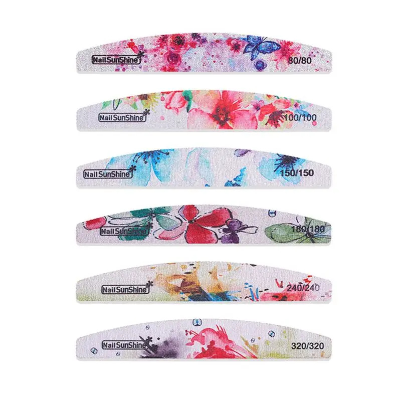 

6Pcs/Set Moon Shape Nail File Sanding Buffer Flower Pattern Nail Art Rubbing Strip Double-Sided Salon Manicure Polishing Tools