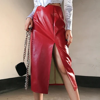 

High Quality PU Leather Split Women Skirts 2020 Fashion Gothic Red Sexy Midi Skirt Casual High Waist Women Club Party Skirts