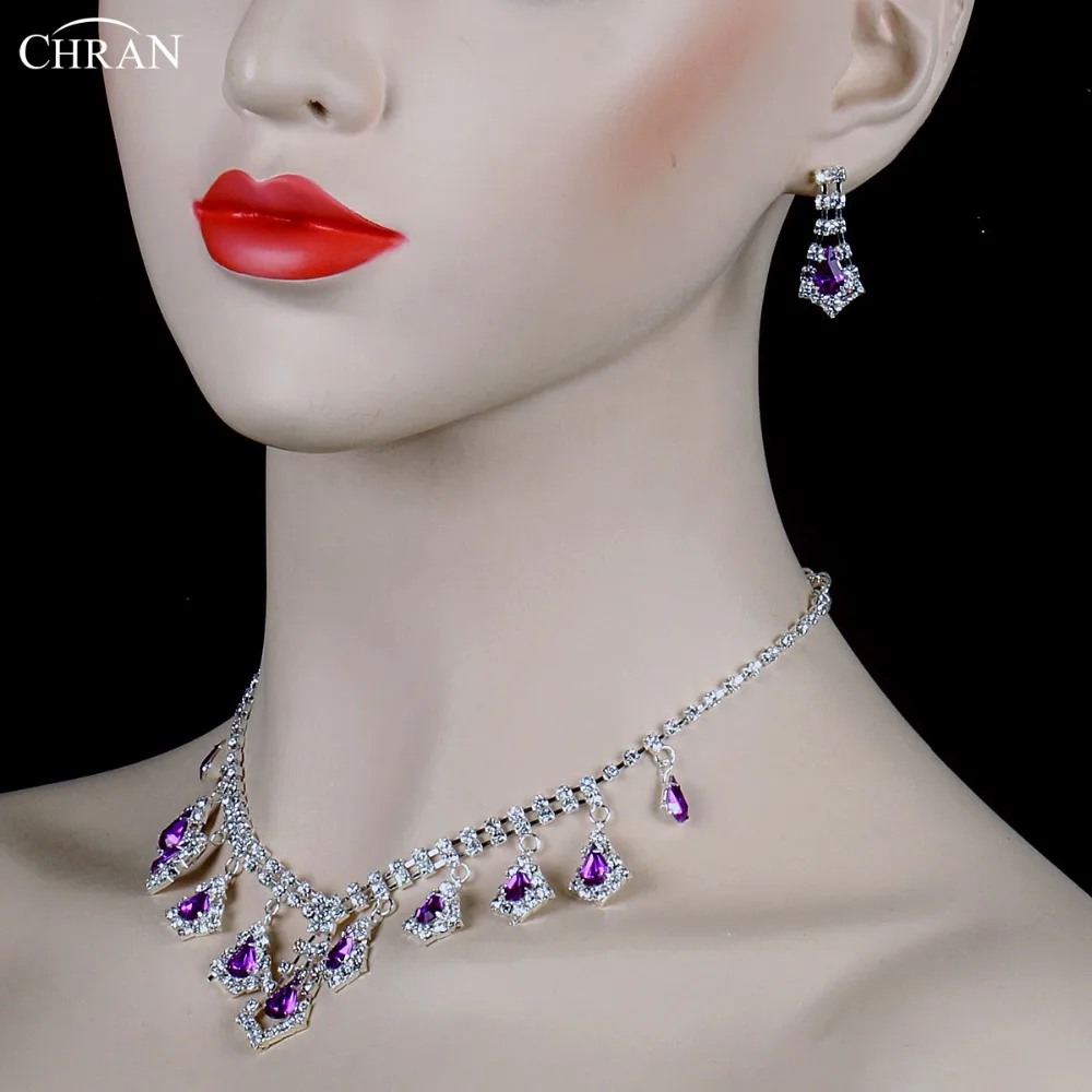 Chran посеребренные фиолетовые капли Кристалл Свадебные Ювелирные наборы для невесты