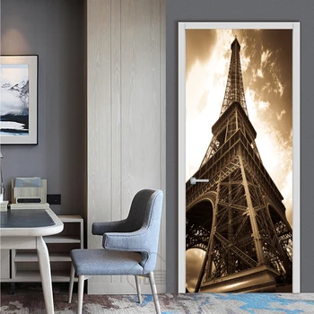 

3D Famous Building Paris Tower Waterproof Entire Door Sticker Creative Stickers Door Wall Sticker DIY Mural Bedroom Home Decor
