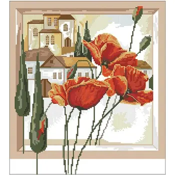 

Poppies in the city patterns Counted Cross Stitch 11CT 14CT 18CT DIY Chinese Cross Stitch Kits Embroidery Needlework Sets