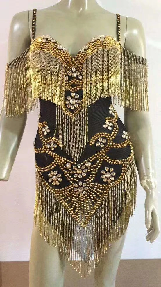 Shining Tassel Rhinestone Party Bodysuit Women Sexy Fringes Crystal Latin Dance Dress Nightclub DJ Singer Dancer Stage Outfits