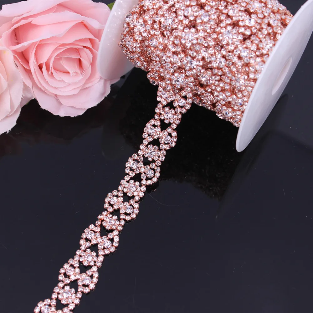 

Rose Gold Crystal Wedding Dress Belt Bridal Chain Trim Rhinestone Trim Applique Sew on Garments DIY Clothes