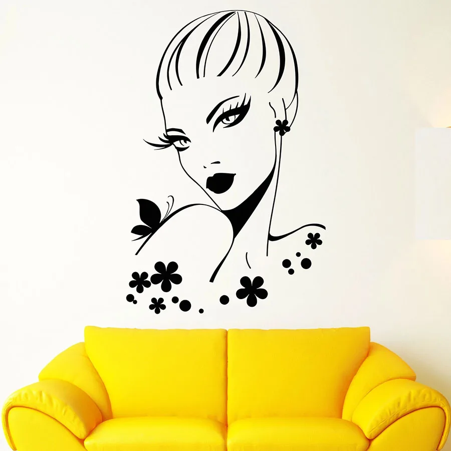 Beautiful Woman Wall Decal Beauty Hair Salon Girl Makeup Room Interior Decor Vinyl Window Stickers Butterfly Flowers Mural C030