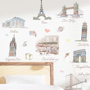 

Famous World Buildings Wall Stickers Leaning Tower of Pisa Eiffel Tower Art Home Decoration DIY Wall Decals Removable Room Decor