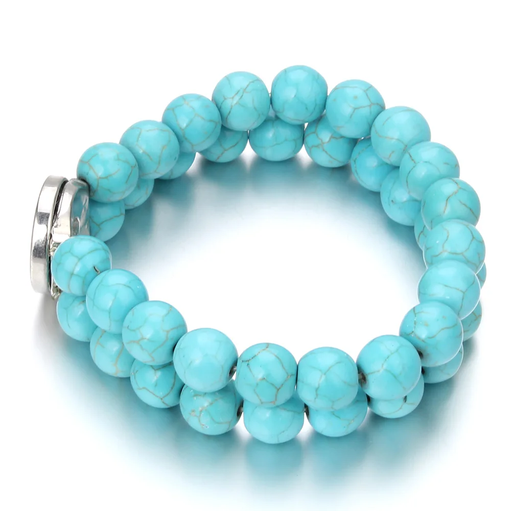 Boho имитация жемчуга Turquoises бусины браслет для женщин мужчин 18 мм Кнопка натуральный камень бисера браслет с подвеской регулируемый