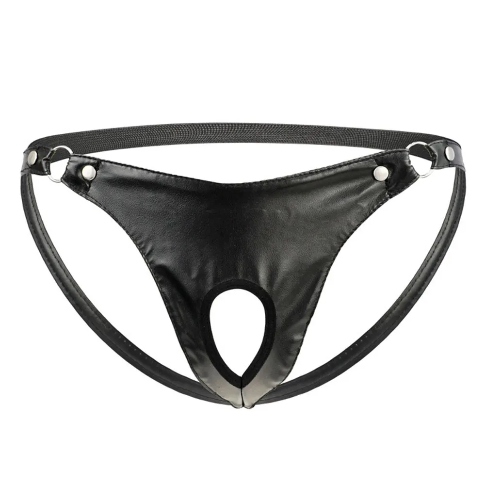 Sexy Mens Underwear Artificial-Leather Metal Ring G-String Thong Jock Strap Underpants Breathable Slimming Briefs Gay T-Back