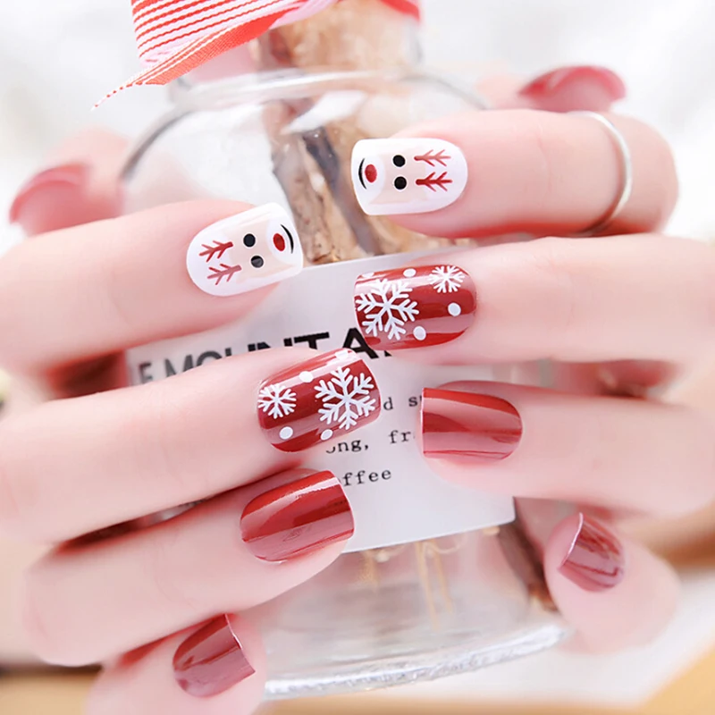 24 шт поддельные ногти с рождественской снежинкой лося дизайн Искусственные ногти для нового года поддельные ногти искусство советы Рождественский подарок украшения