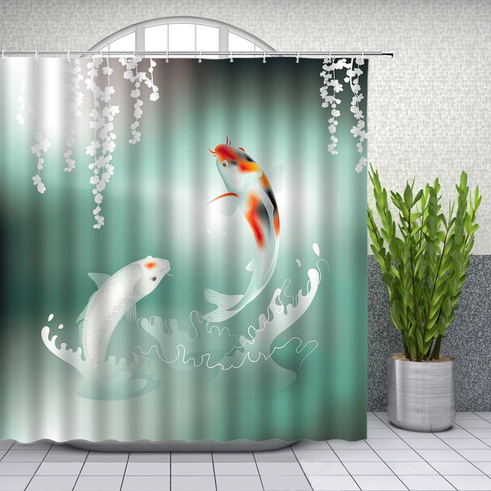 Chinese Style Koi Fish Flower and Birds Shower Curtains Bathroom Screen