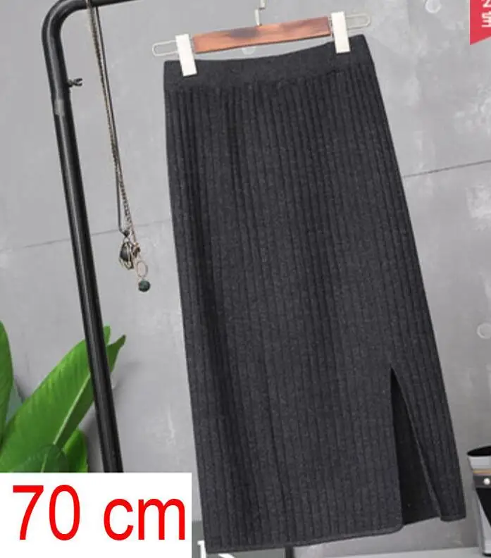 48-70 см женские юбки с эластичными лентами осень зима теплая трикотажная юбка карандаш ребристая юбка средней длины плиссированная юбка с разрезом - Цвет: gray 70cm