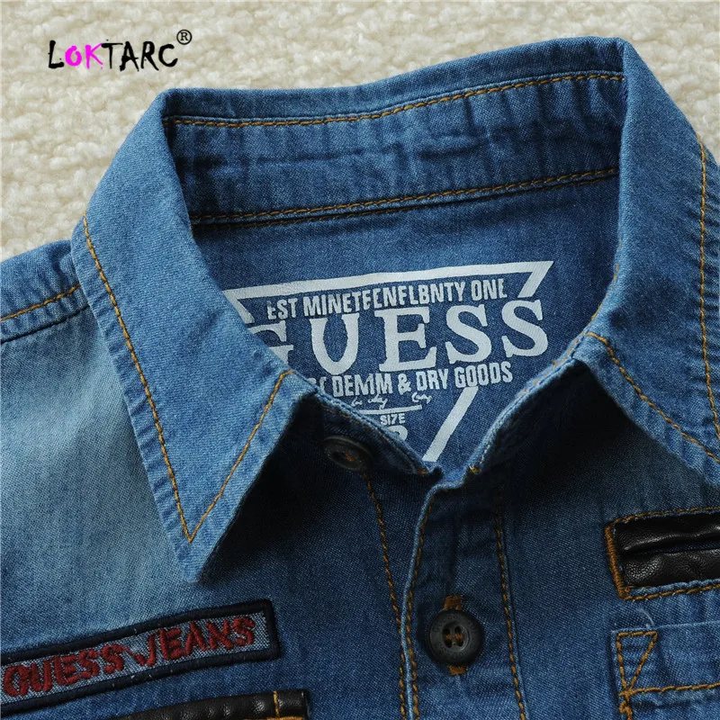 LOKTARC/рубашки для мальчиков, детская блузка джинсовая рубашка с вышивкой и надписью джинсовая одежда с длинными рукавами для мальчиков осенние детские рубашки