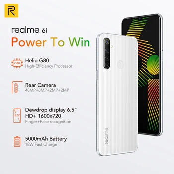 Перейти на Алиэкспресс и купить Realme 6i 6 i глобальная Версия Мобильный телефон 4 Гб ОЗУ 128 Гб ПЗУ с европейской вилкой зарядное устройство MTK Helio G80 5000 мАч Dewdrop дисплей 6,5 дюймсотовый...