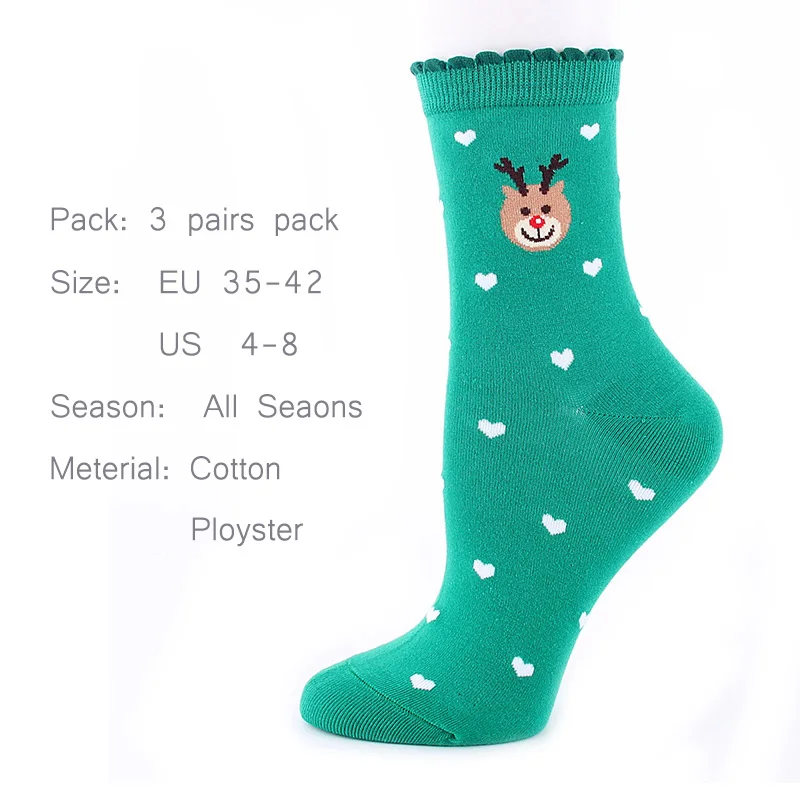 Женские хлопковые носки милые разноцветные Носки с рисунком каваи лося носки забавный подарок на Рождество для девочек 3 пар/лот# F