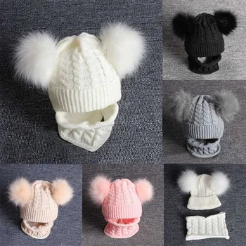 

2PCS Baby winter hat Kid Baby Knitting Wool Hemming Keep Warm Hiarball Cap Hat +Scarf Set Fit for 1-6 Years Kids