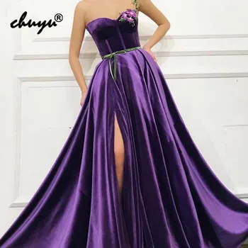 

Velour Evening Dresses Strapless Flowers High Slit Belt Islamic Dubai Saudi Arabic Evening Gown Prom Dress