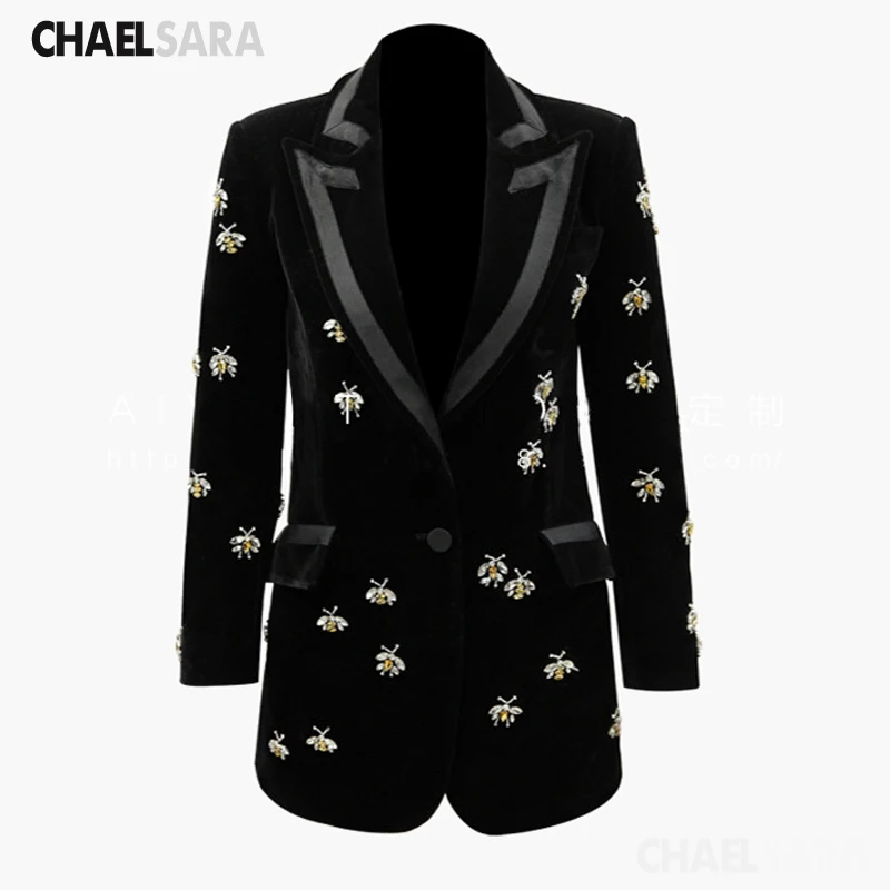 

High Quality Luxury Black Velvet Blazers Jacket Women Notched Animal Beading Suit Coat Plus Size