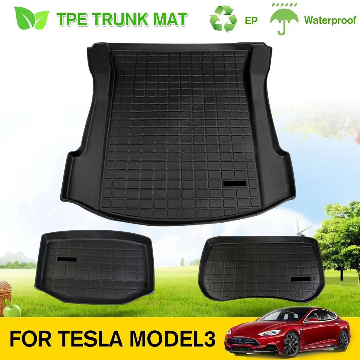 

3Pcs Cargo Liner Rear Cargo Tray Trunk Floor Mat Under the Trunk Black TPE Waterproof Mat Customized for Tesla Model 3