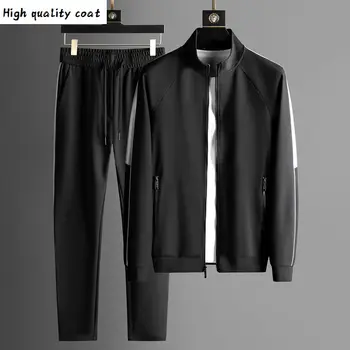 

Design Splicing Mens Suits 2 Pieces Luxury Stand Collar Casual Sport Zipper Male Sweatshirts Elastic Waist Slim Man Pants