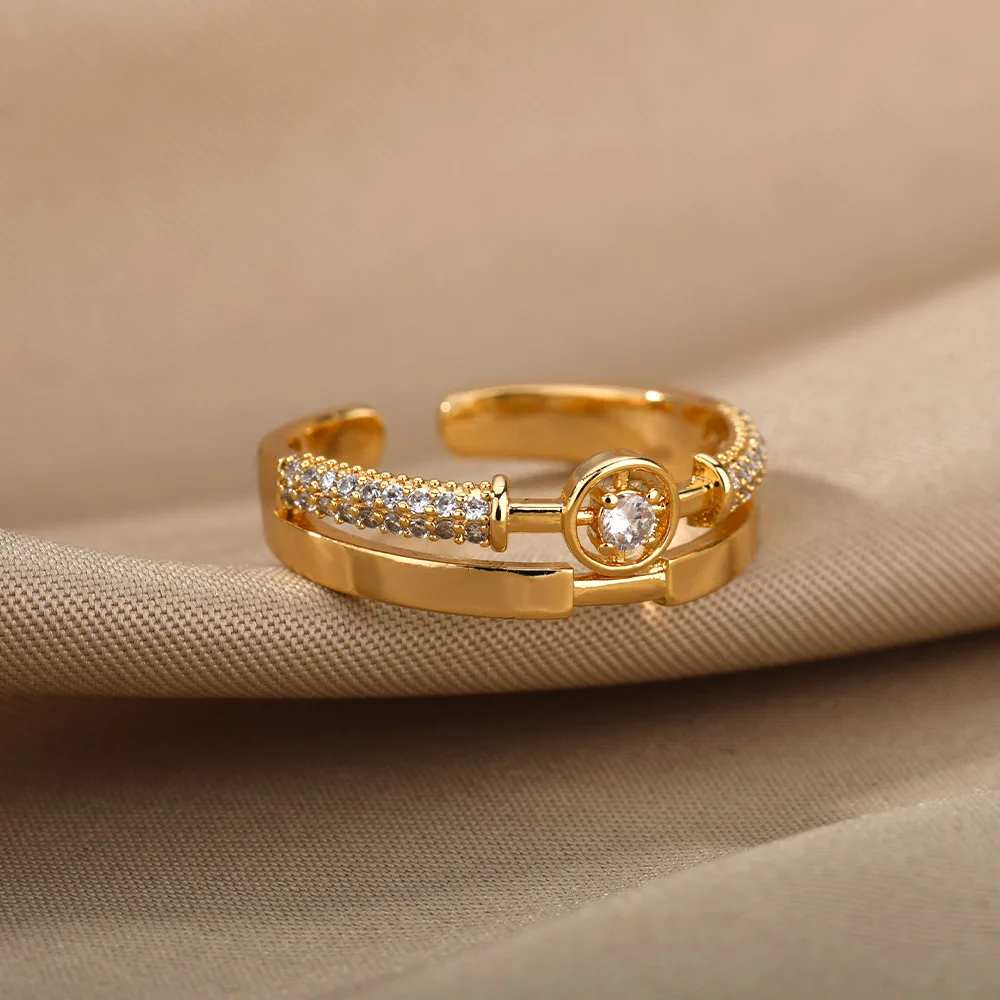 Gold Color Rings Fashion Star Women Stainless Steel Zircon Round Irregular Adjustable Wedding Jewelry Gift Bff
