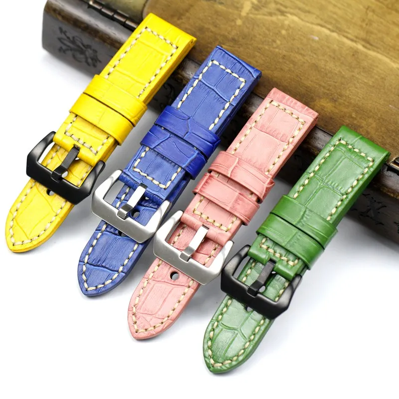 Handmade Personality 24mm Pink Green Blue Yellow Thick Genuine Leather Watchband Wristband For PAM Big Pilot Watch Strap Belt | Наручные