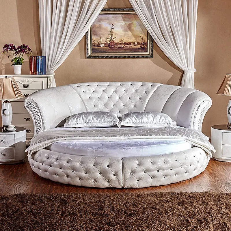 Genuine Leather multifunctional bed frame Nordic camas ultimate bed round night stands with crystal buttons white color