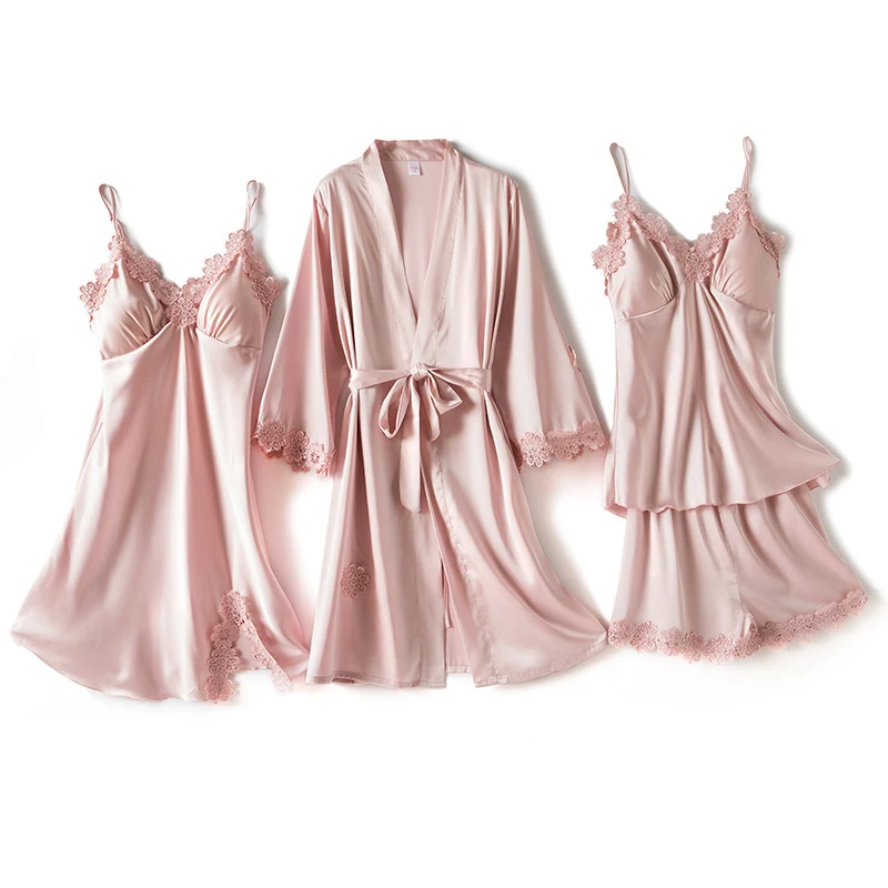 

Пижамный комплект Женский атласный, комплект из 2/4 предметов, кружевная пижама в стиле пэчворк, свадебная ночная рубашка, вискоза, домашняя одежда